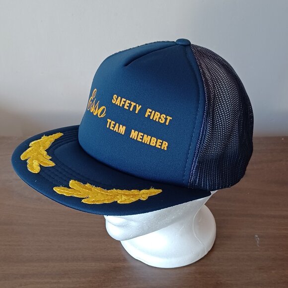 1980s Athletic Headwear Esso Safety First Team Member Blue Trucker Hat Snapback - Picture 2 of 14